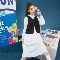 [2件8.8折]唐狮长袖连衣裙马甲早春新款衬衫裙西装马甲白裙子