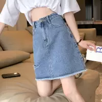 [3件8.5折42.4元,叠加优惠券]唐狮半身裙女春新款显瘦百搭破洞毛边牛仔短裙小个子a字裙