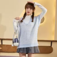 [3件8.5折42.4元,叠加优惠券]唐狮春秋新款V领条纹背心叠穿少女感温柔百搭马夹毛衣外搭女