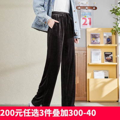 [200元3件]唐狮秋冬新款休闲裤女高腰阔腿裤宽松显瘦黑色休闲垂感潮in