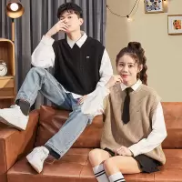 [1.5折价44.9元叠加优惠券]唐狮春季新款情侣背心男女同码宽松圆领外穿学院风针织马甲潮
