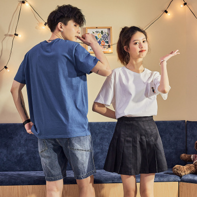 [2.5折价79元]唐狮夏季情侣男女宽松圆领刺锈短袖T恤牛仔中裤半身短裙