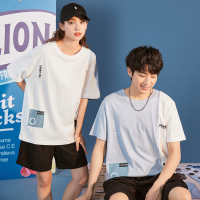唐狮夏季新款男短袖T恤纯棉情侣宽松拼接in上衣女圆领百搭