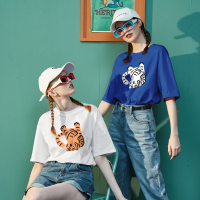 唐狮夏装新款女短袖T恤圆领半袖宽松上衣女休闲爱老虎图案