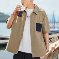 [1折价39.9元叠加优惠券]唐狮夏季新款男衬衫贴袋翻领短袖衬衫男休闲宽松男士衬衣复古