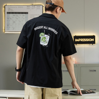 唐狮夏季新款短袖衬衫后背印花短袖衬衫休闲男士衬衣宽松复古