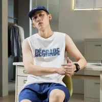 [1折价22.9元,叠加优惠券]唐狮夏新款背心男学生蓝色纯棉打底上衣宽松字母圆领无袖坎肩