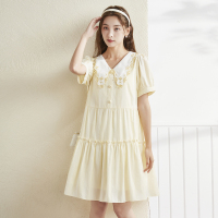 唐狮雪纺连衣裙女装夏季新款蕾丝绣花翻领小个子清新度假裙子