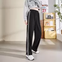 [1折价39.9元,叠加优惠券]唐狮春新款休闲裤女黑色条纹直筒阔腿裤宽松分叉显瘦显高裤子
