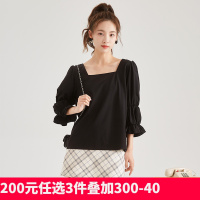 [直降价85元]新款法式泡泡袖别致上衣女夏唐狮黑色短款方领衬衫露锁骨半