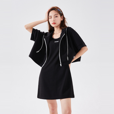 唐狮针织连衣裙女夏季新款打底T恤裙短袖连帽外套