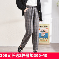 唐狮秋冬装新款休闲裤哈伦裤女秋冬萝卜裤毛呢格子裤女宽松显瘦