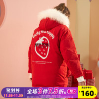 唐狮冬季新款羽绒服时尚大毛领草莓派克中长款连帽羽绒服韩版