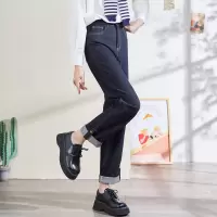[8.5折价118.9元叠加优惠券]唐狮秋冬新款牛仔裤女直筒宽松高腰显瘦翻边扣子复古原色
