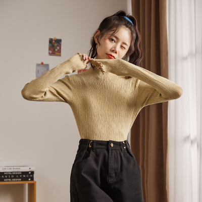 [2.5折价46元]唐狮新款打底衫女春秋款半高领木耳边净色修身打底别致内搭