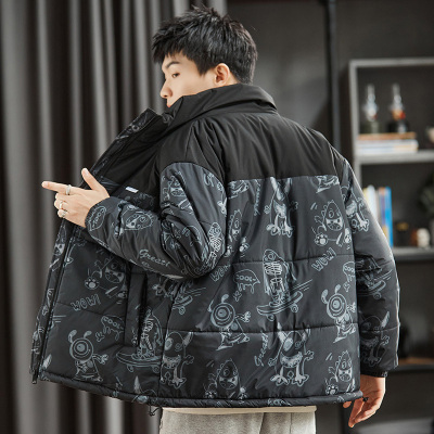 [8.5折价169.9元叠加优惠券]唐狮棉衣外套男立领宽松拼接满印棉服男冬季棉衣外套男