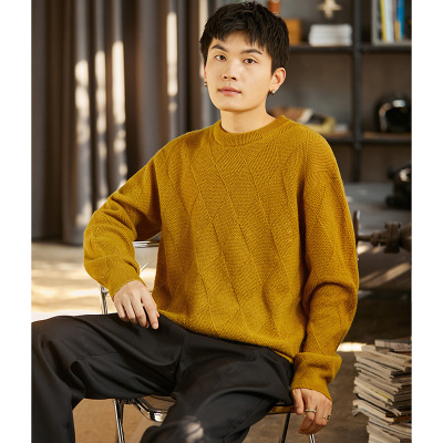 [2.5折价90元]唐狮男毛衣针织衫男长袖男净色暗纹理圆领毛衫男毛衣