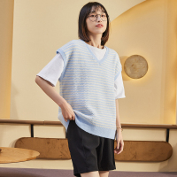 唐狮春季新款女条纹毛线背心马甲百搭休闲宽松毛线衫学生上衣