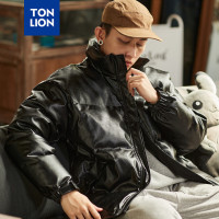 [2.5折价229元]唐狮冬季新款立领PU仿皮羽绒服男短款羽绒服保暖加厚男士羽绒
