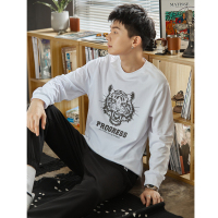 唐狮秋季新款前胸老虎印花纯棉长袖t恤男潮休闲风圆领打底衫