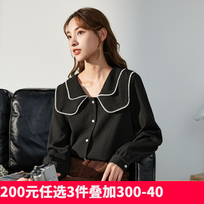 [2.5折价81元]唐狮春秋季新款黑色衬衫女法式双层娃娃领长袖衬衣泡泡袖上衣