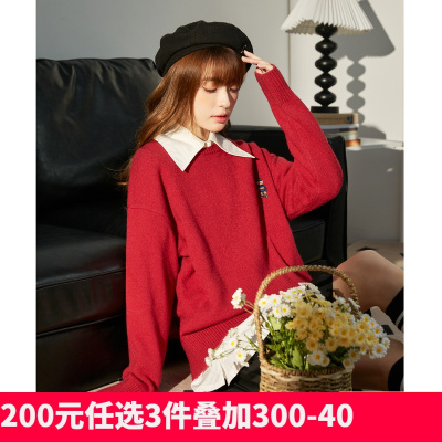 [2.5折价74元]唐狮新款宽松套头毛衣女卡通小熊圆领针织衫女刺绣减龄上衣秋