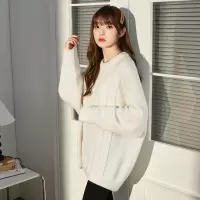 [8.5折价110.4元叠加优惠券]唐狮新款女圆领麻花毛线衫奶系早秋穿搭纯色宽松慵懒风毛衣D
