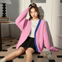 [2.5折价125元]唐狮新款V领开衫毛衣女撞色慵懒风秋季宽松软糯粉色毛线上衣D