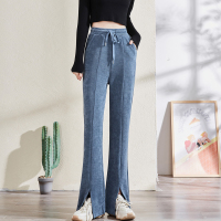 [2.5折价88元]唐狮秋季新款休闲裤女阔腿裤微喇开叉高腰弹力欧棉绒裤子女