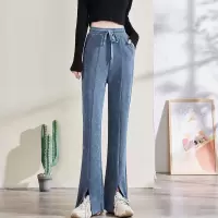 [3件8.5折76.4元,叠加优惠券]唐狮秋季新款休闲裤女阔腿裤微喇开叉高腰弹力欧棉绒裤子女