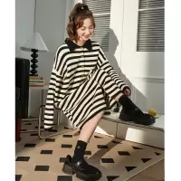 [3件8.5折118.9元,叠加优惠券]唐狮圣诞战袍红色针织连衣裙女秋冬长袖条纹毛衣裙新款k