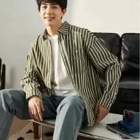 [3件8.5折93.4元,叠加优惠券]唐狮春季新款日系条纹衬衫男绿色长袖复古休闲衬衣男士高级感