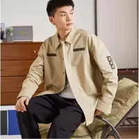 [1折价56.9元,叠加优惠券]唐狮春季新款撞色拼接工装衬衫外套男长袖美式休闲宽松衬衣男