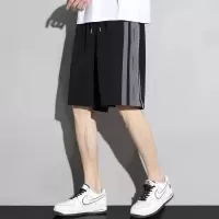 [3件8.5折73元,叠加优惠券]唐狮夏季新款休闲短裤男款中裤宽松拼接潮牌五分裤黑
