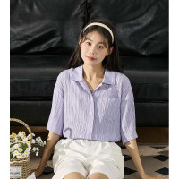 唐狮夏季新款短袖白衬衫女薄款宽松肌理感条纹上衣简约紫色