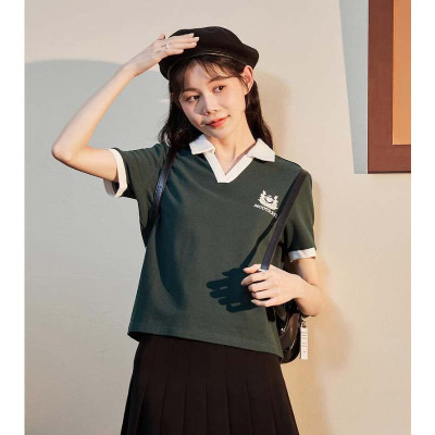[1.5折价39元]唐狮短袖polo衫女夏季新款t恤减龄好看学院内搭打底上衣