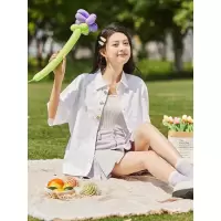 [3件8.5折84.9元,叠加优惠券]唐狮新款夏季短袖白色衬衫女薄款衬衣设计感宽松外套小众上衣小衫