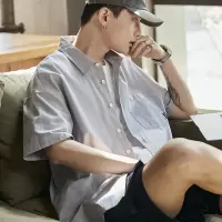 [3件8.5折76.4元,叠加优惠券]唐狮夏季新款短袖衬衫男纯色系百搭休闲宽松日系衬衣男士外套