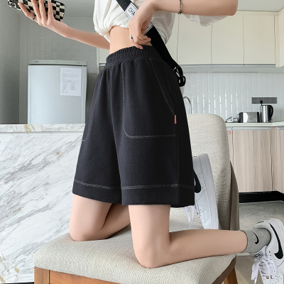 [2.5折价55.6元叠加优惠券]唐狮夏季新款休闲中裤女宽松运动短裤黑色高腰显瘦时尚五分裤
