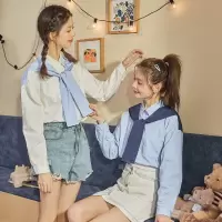 [1折价43.9元,叠加优惠券]唐狮纯色衬衫女新款拼接假可爱原宿风长袖上衣
