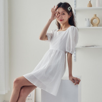 [2.5折价84元]唐狮连衣裙女夏季法式方领泡泡袖连衣裙时尚百搭短裙