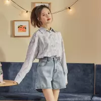 [1折价39.9元,叠加优惠券]唐狮印花长袖衬衫女春季港味复古宽松百搭衬衣ins