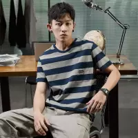 [1折价29.9元,叠加优惠券]唐狮短袖男士T恤短袖T恤男短袖T恤男宽条纹口袋贴标短袖T恤