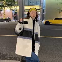 [1折价79.9元叠加优惠券]唐狮冬季外套女新款仿羔绒拼色宽松韩版百搭休闲设计感ins