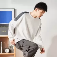 [8.5折价67.9元叠加优惠券]唐狮秋新款撞色拼接长袖T恤男设计感潮流宽松打底上衣男白色