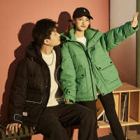 唐狮冬装新款情侣短款连帽撞色包边大口袋蒙面羽绒服绒外套