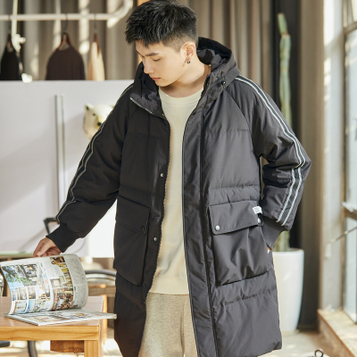 [8.5折价424.9元叠加优惠券]唐狮冬装新款男中长款连帽羽绒服撞色织标休闲口袋羽绒外套G