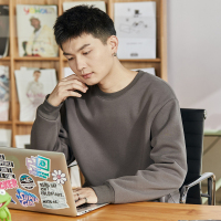 唐狮秋冬季新款圆领卫衣男士仿羊羔毛绒套头纯色加厚外套潮牌