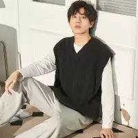 [3件8.5折93.4元,叠加优惠券]唐狮秋季黑色毛衣男新款背心绞花v领百搭男上衣叠穿毛线衫潮