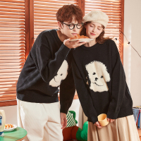 [2.5折价110元]唐狮秋季七夕情侣装毛衣可爱小狗提花圆领款黑色套头毛线衫G